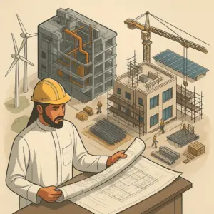 Ilustración detallada de un ingeniero en Arabia Saudita aplicando BIM y Lean Construction en un proyecto de construcción moderna con grúas y edificios